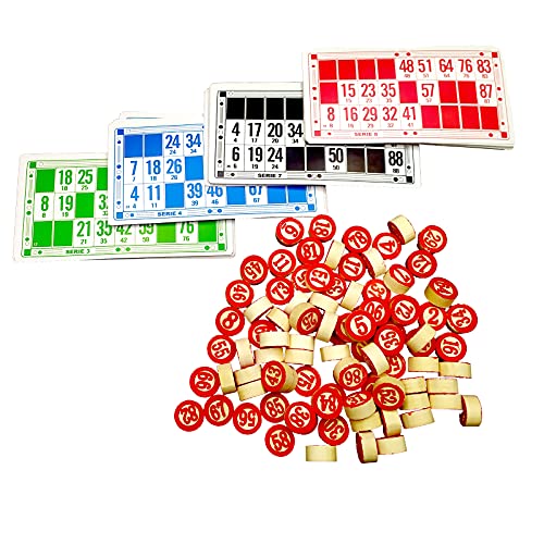 EUROXANTY Set Bingo y 48 cartones | Bingo de Viaje | Juego de Mesa Tradicional | Fichas de números 2 Caras | Práctica Bolsa de Transporte | Números de Madera