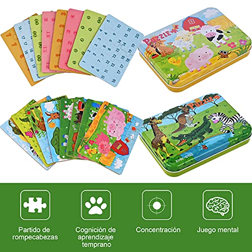 Fabu 8Pcs Puzzles de Madera 56 Piezas, Bloques de Rompecabezas de Animales Juguete Educativo Montessori, Madera Puzzles Infantiles 3 4 5 años