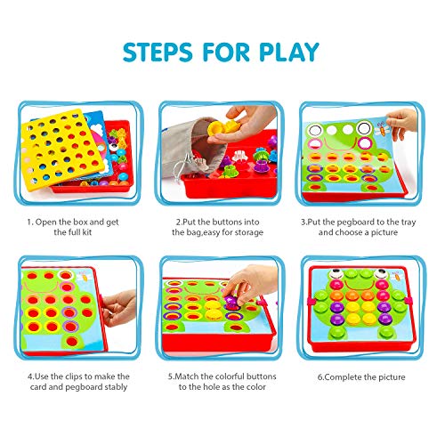 Fansteck Tablero de Mosaicos Infantiles, Puzzle 3D, Rompecabezas Niños de Uñas Setas, Tablero de Coincidir colores con 46 botones y 12 imágenes, Juguete Educativo Temprano para niños y bebés de 3+años