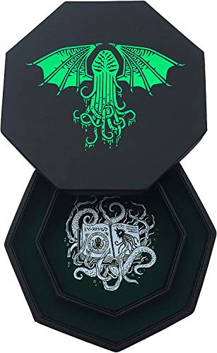 Fantasydice-Cthulhu Tome-Green - Bandeja de dados 8 cm octágono con tapa y zona colocación dados, capacidad para 5 juegos (7 dados/estándar) todos los rol mesa como D&D, Call of Cthulhu, Shadowrun.