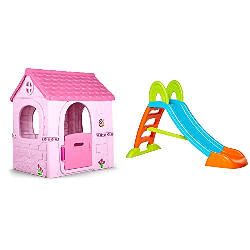 Feber Fantasy House Casita Infantil, Pink (Famosa 800012222) + Tobogán con Agua para Niños A Partir De 2 Años (Famosa 800009001)