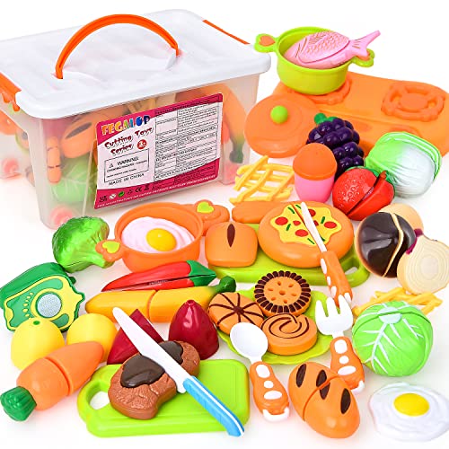 Fegalop Juego de 40 juguetes de alimentos para cortar frutas, verduras, alimentos, juego de rol de cocina, accesorios, juego de comida, juego educativo para niños, niños a partir de 3 años