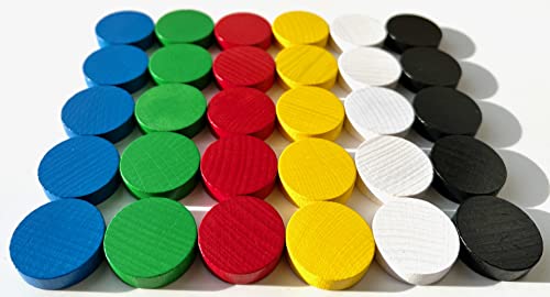 Fichas de juego: grandes fichas de madera para juegos de mesa, 31/8 mm – grandes piedras de dama, fichas de madera o marcadores. (30 discos en 6 colores: amarillo, rojo, azul, verde, negro, blanco).