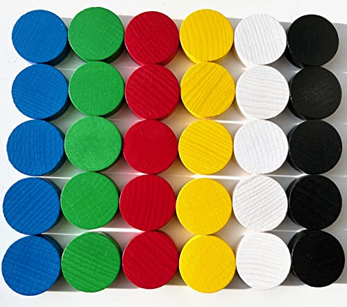 Fichas de juego: grandes fichas de madera para juegos de mesa, 31/8 mm – grandes piedras de dama, fichas de madera o marcadores. (30 discos en 6 colores: amarillo, rojo, azul, verde, negro, blanco).