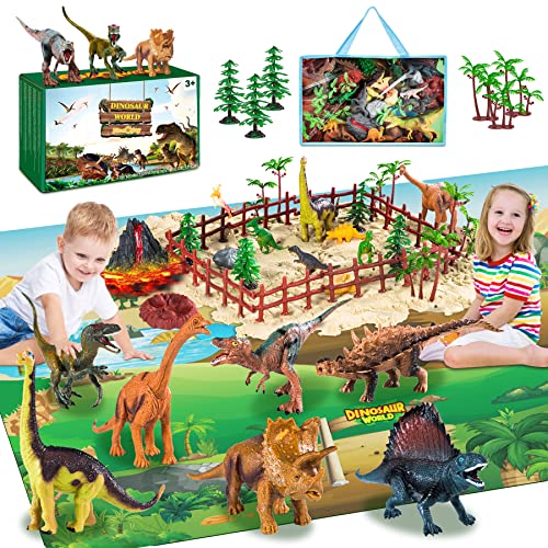 Fivejoy 45PCS Juguetes de Dinosaurios, Dinosaurios Juguetes, Figuras de Dinosaurios Realistas, Juego Educativo con Tapete de Juego de Actividades y Huevos Regalos para Niños Niña 3 4 5 Años