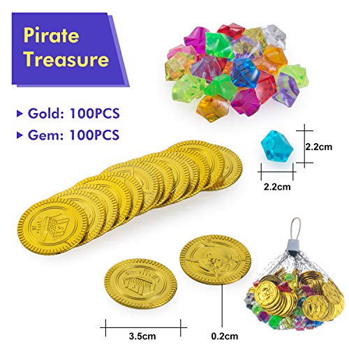 FORMIZON 100 Piezas de Monedas Doradas de Plástico de Pirata, 100 Piezas de Gemas Piratas, Monedas de Oro y Gemas Piratas del Tesoro Pirata para Fiestas Temáticas Piratas