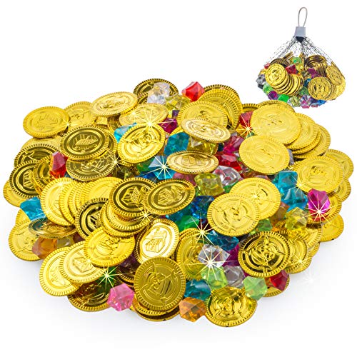 FORMIZON 100 Piezas de Monedas Doradas de Plástico de Pirata, 100 Piezas de Gemas Piratas, Monedas de Oro y Gemas Piratas del Tesoro Pirata para Fiestas Temáticas Piratas