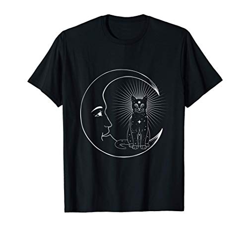 Gato y luna creciente Bruja Wicca Pagan Goth Místico Camiseta
