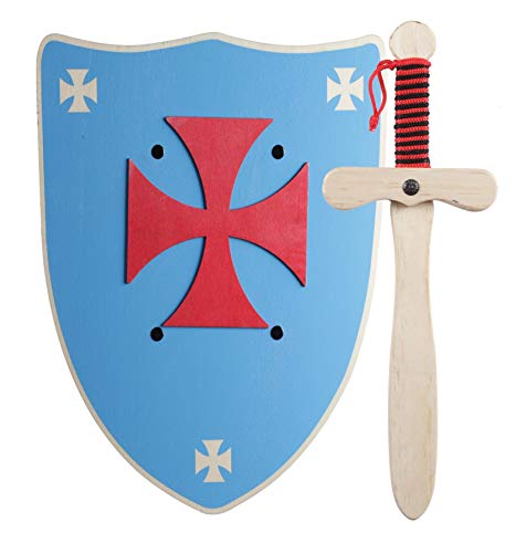 GERILEO Espada mas Escudo de Caballero de Madera artesanales - Complemento para Juegos y Disfraces. Disponible en Distintos Colores. (Escudo Azul)