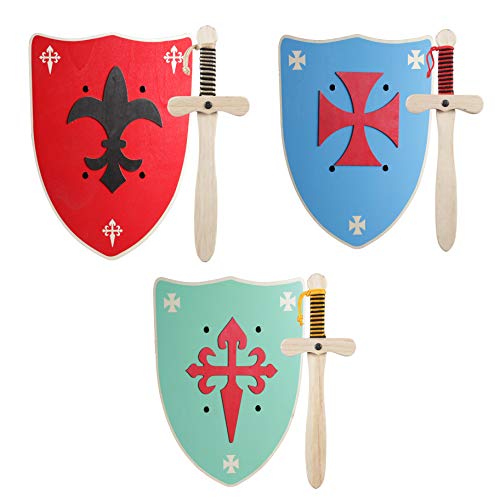 GERILEO Espada mas Escudo de Caballero de Madera artesanales - Complemento para Juegos y Disfraces. Disponible en Distintos Colores. (Escudo Rojo)