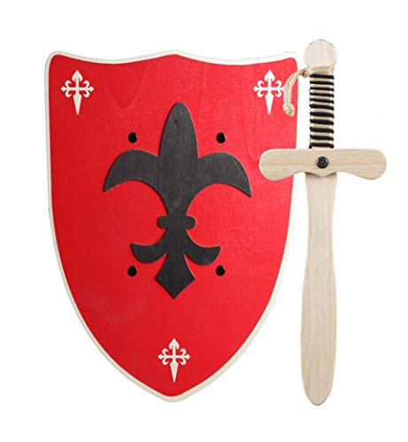 GERILEO Espada mas Escudo de Caballero de Madera artesanales - Complemento para Juegos y Disfraces. Disponible en Distintos Colores. (Escudo Rojo)