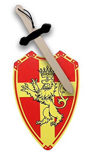 GERILEO Espada mas Escudo de Caballero de Madera artesanales con Blasón - Complemento para Juegos y Disfraces. Disponible en Distintos Colores. (Blasón Tonos Amarillos)