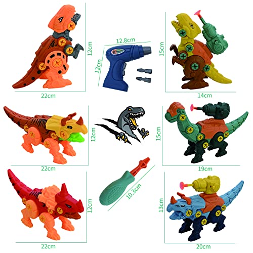 GOLDGE 6pcs Dinosaurios Juguetes para Niños con Taladro Eléctrico, Juego Construccion Dinosaurios, Construccion Juguete Dducativos
