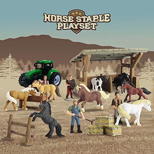 GreenKidz Juego de juguetes de caballos estable con estuche portátil para llevar a lo largo del caballo, colección de 8 figuras realistas de caballos famosos mundiales, parada de tractor y accesorios