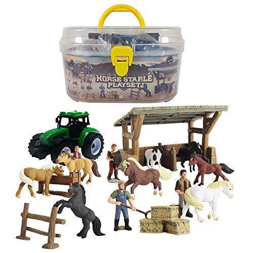 GreenKidz Juego de juguetes de caballos estable con estuche portátil para llevar a lo largo del caballo, colección de 8 figuras realistas de caballos famosos mundiales, parada de tractor y accesorios