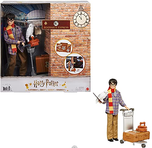 HARRY POTTER en la Plataforma 9 3/4, muñeco articulado de juguete con Hedwig y carrito portaequipajes con accesorios y pegatinas (Mattel GXW31)