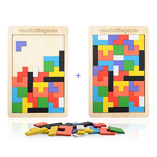 Herefun Puzzle Tetris de Madera, 2Pcs Tangram Jigsaw Rompecabezas Madera Juego Educativo, Puzzle Tangram Juguetes Juego de Cerebro Bloque de Construcción Inteligencia Regalo Educativo para Niños