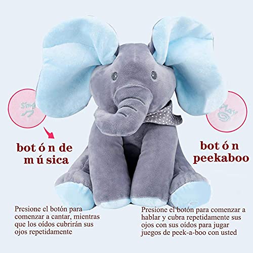 HHJ Peluche de Elefante con Movimiento y Sonido, Juguete Interactivo Peek-a-Boo Elefante, Juego de Ocultar y Buscar Muñeca de Peluche Animada de Felpa Muñecas para Bebé/Niños-Azul
