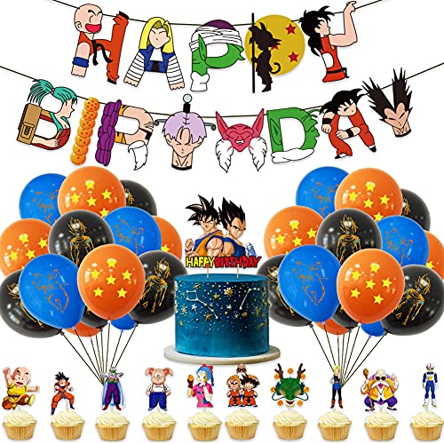 Hilloly 43Pcs Dragon Ball Decoración Fiesta, Dragon Ball Cupcake Toppers Cumpleaños Decoracion, Decoración Cumpleaños Dragon Ball Pancarta de Fiesta de Goku Suministros de Fiesta Temáticos