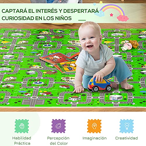 HOMCOM Alfombra Puzzle Infantil con 36 Piezas 31,5x31,5x1 cm Juego Rompecabezas Infantil Modelo Carreteras de Espuma EVA Área de Cobertura 3,24 m² Multicolor