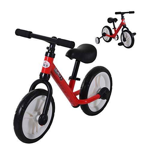 HOMCOM Bicicleta de Equilibrio con Pedales y Ruedas Entrenamiento Extraíbles de Asiento Regulable 33-38cm Niños +24 Meses Carga 25kg Rojo