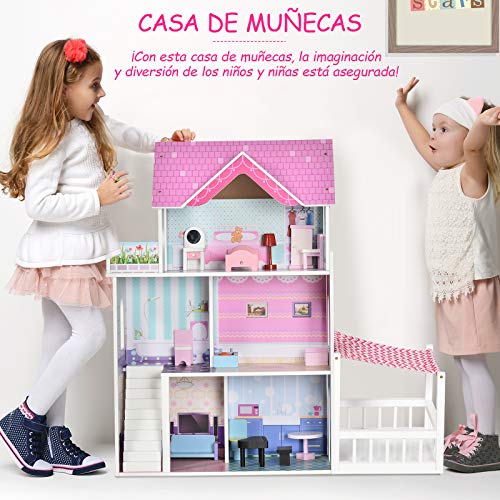 HOMCOM Casa de Muñecas de 3 Pisos con Patio Muebles Accesorios Completos Diseño Lindo Casita Muñecas de Juguete Madera 86x30x87 cm Rosa