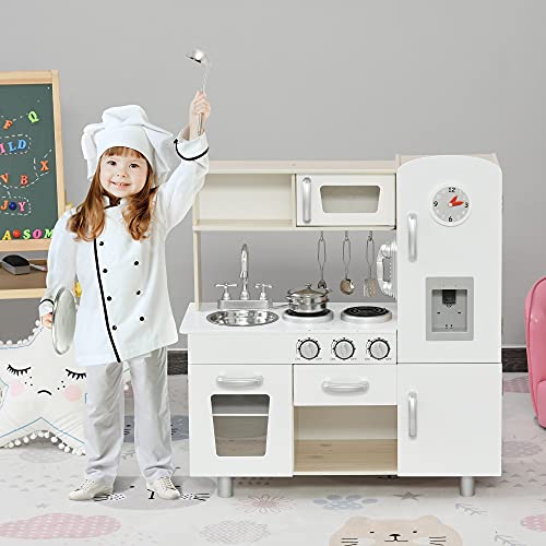 HOMCOM Cocina de Juguete con Fregadero Cocina de Inducción y Microondas Simulados con Accesorios Incluidos Cocina Infantil para +3 Años 74x30x81 cm Blanco
