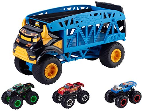 Hot Wheels- Camión De Transporte Monster Trucks. Incluye 3 Coches, Multicolor (Mattel GGB64)