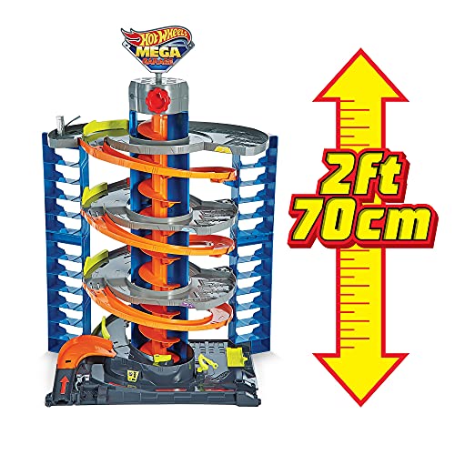 Hot Wheels City Mega garaje, pista de coches de juguete con almacenamiento de vehículos (Mattel HFH03)