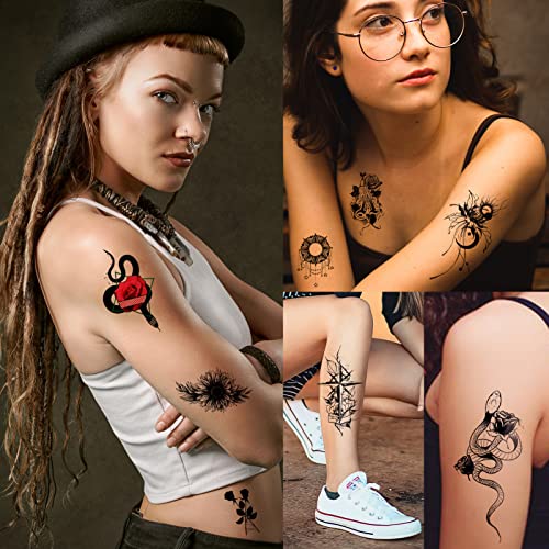 HOWAF 45 Hojas Pequeños Tatuajes Impermeables Temporales, Fake Negros Tatuajes Adhesivos Tatuajes de Flor Rosa Dragón León Serpiente, Tatuajes Temporales para Adultos Hombre Mujer de brazo cuello