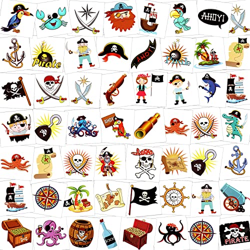 HOWAF 96 x Tatuajes temporales niños, Pirata Tatuaje Temporal Falso Pegatinas Infantiles Tatoos para niños Pirata Infantiles Fiesta de cumpleaños Regalo