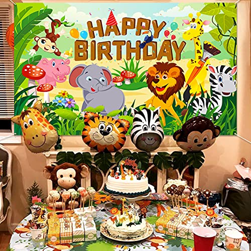 HOWAF Happy Birthday Pancarta para Selva Animal Cumpleaños Fiesta Decoración de Niño Chico, Bosque Safari Cumpleaños Decoración para Pared Fondo Fotografía, 6 x 3,6 Pies, Tejido Cumpleaños Pancarta