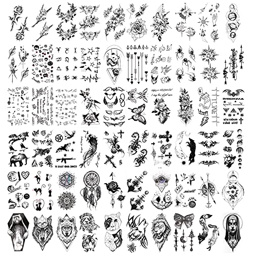 HOWAF Pequeños tatuajes impermeables temporales 60 Hojas,luna, brújula,estrellas,ancla, palabras, líneas, flores,cráneo,cruz,araña para niños, adultos, hombres y mujeres