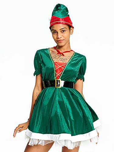 IKALI Disfraz de Papá Noel para mujer, vestido de elfo, juego de rol, regalo para adultos, disfraz con sombrero, cinturón, calcetín, collar