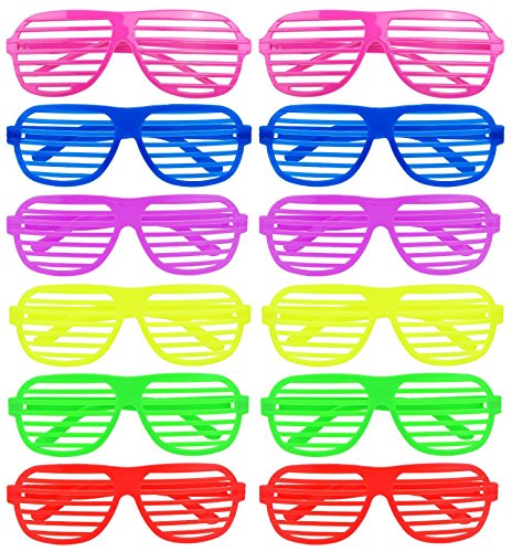 iLoveCos Moda 80 de Punta Plana de Juguete Gafas de Sol Disfraz Gafas de Persiana para Fiesta Disfraces 6 Colores, 12 Pares
