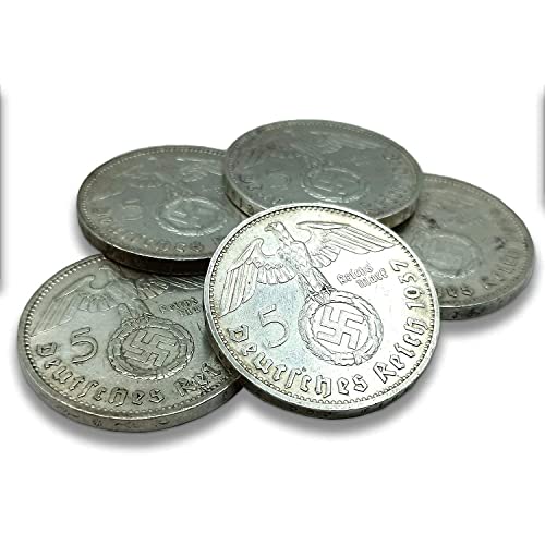 IMPACTO COLECCIONABLES Monedas de la Segunda Guerra Mundial - 5 Marcos Nazis acuñados Entre 1936 y 1939, el Dinero del Tercer Reich - Incluye Certificado de Autenticidad