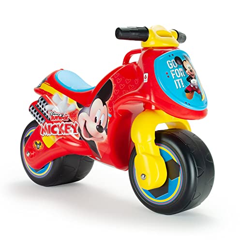 INJUSA - Moto Correpasillos Neox Mickey Mouse Roja Licenciada con Decoración Permanente y Asa de Transporte Recomendada a Niños +18 Meses