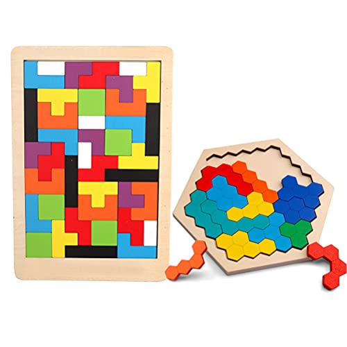 IWILCS Rompecabezas de Tetris Tangram, 2 Piezas Hexágono Rompecabezas, Bloque de Forma Tangram Rompecabezas, para niños Coloridos Rompecabezas de Madera educación educativa Juguetes Regalo