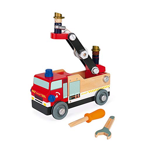 Janod - Camión de bomberos de madera Brico'kids, certificado FSC - Juego de construcción - Con 2 bomberos - 45 piezas, fácil de armar - Juguete de madera para niños de 3 a 8 años, J06469