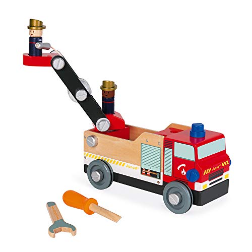 Janod - Camión de bomberos de madera Brico'kids, certificado FSC - Juego de construcción - Con 2 bomberos - 45 piezas, fácil de armar - Juguete de madera para niños de 3 a 8 años, J06469