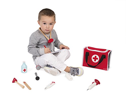 Janod - J06513 - Maletín de médico para niños con 10 accesorios de madera maciza incluidos, juguete de juego de simulación para niños a partir de 3 años, color rojo