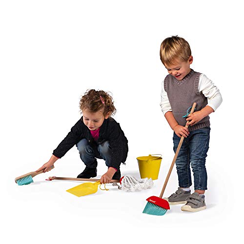 Janod - Set de limpieza - 5 accesorios de madera realistas - Escoba + Fregona + Cubo + Pala + Cepillo - Juguete de imitación de madera para niños - A partir de 2 años, J06588