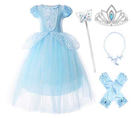 JerrisApparel Niña Princesa Cenicienta Disfraz Manga de Soplo Fiesta Vestido (5 años, Azul con Accesorios)