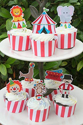 JeVenis Juego de 35 adornos de circo para magdalenas de circo, decoración de circo, decoración de cumpleaños, circo, decoración de fiesta de cumpleaños