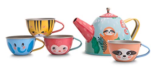 Jewelkeeper - Juego de té para niños con Estuche, Servicio de té Juguete de Metal, vajilla Infantil de 15 Piezas - Diseño de Animales de la Selva