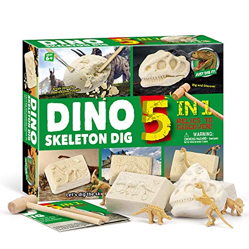 JoaSinc Kit de excavación Esqueleto de Dinosaurio, Dinosaur Dig Kit 5 en 1 fósiles de Dino Perforación y Excavación Kit Arqueología Biología Instrucción Juguete Educativo Ciencia