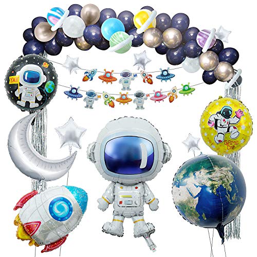 Joeyer Decoraciones Cumpleaños, 54 PCS Astronauta Tema Espacial Globos Pancarta de Cumpleaños Cortina de Flecos Cohete Globo Decoraciones para Fiestas de Cumpleaños