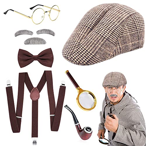 JORAKI Accesorios Hombre los Años 20 Sherlock Holmes Victorian Detective Disguise Cosplay Kit con Sombrero Lupa Liguero Pajarita Barba Cejas Gafas para Carnaval Mascarada Evento Fiesta