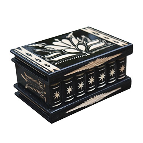 Joyero de madera tallada misterio rompecabezas baratija Pandora caja con compartimento secreto negro