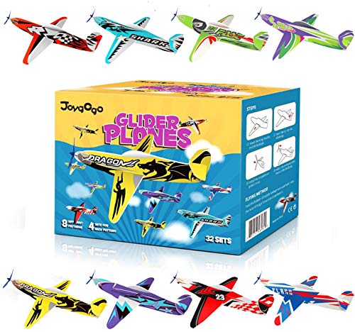 JOYGOGO 32 aviones deslizantes, 8 diferentes voladores de poliestireno, juegos para niños, obsequios, cumpleaños infantiles, regalos para invitados